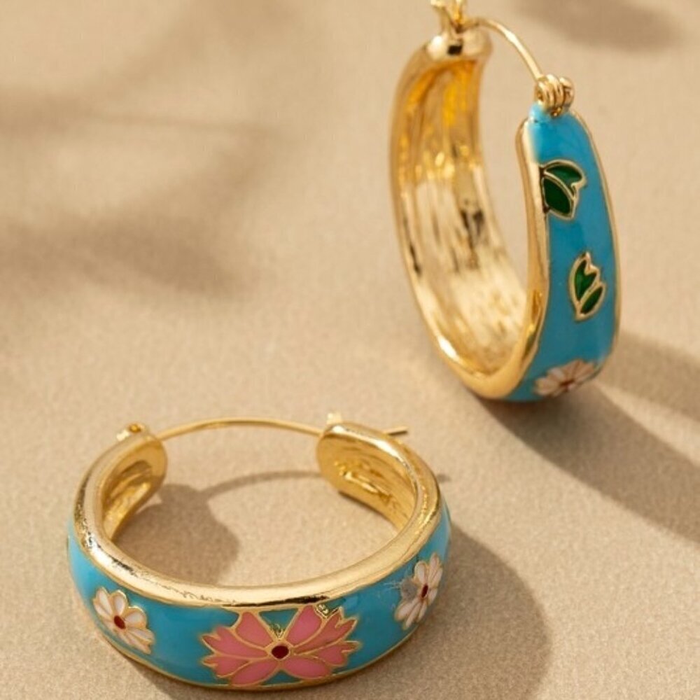 1 LEFT!! CARA TURQUOISE FLOWER HOOP EARRINGS